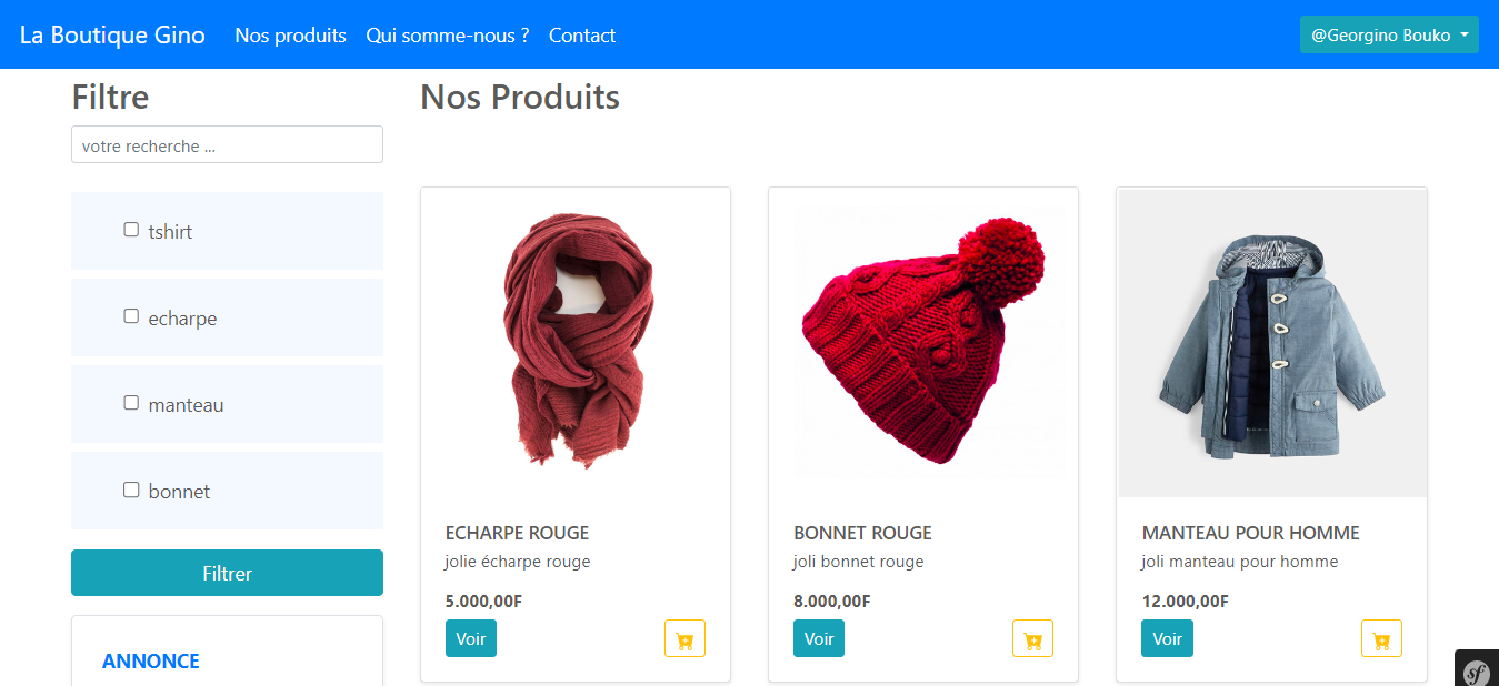 Image de la page des produits de la Boutique Gino